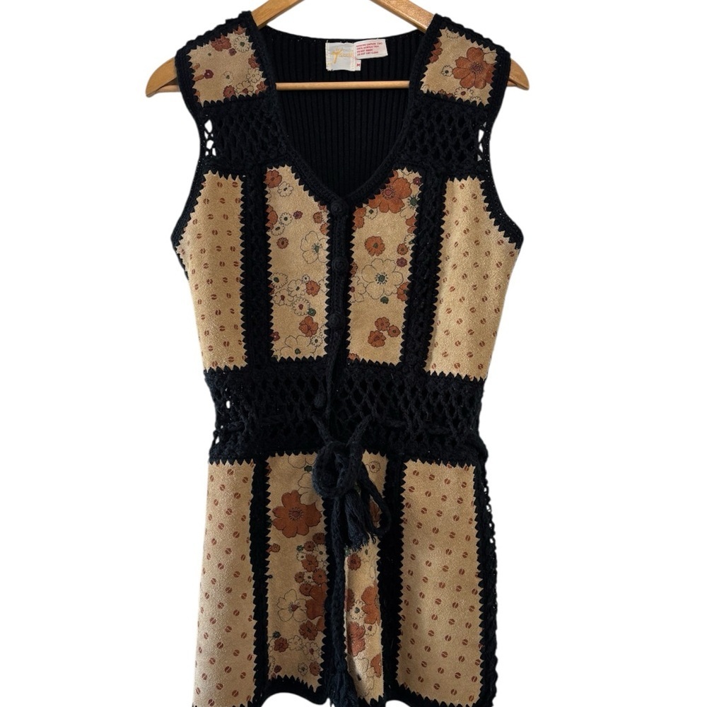 Vintage 70s Tarri Boho Leather Floral Crochet Knit Vest Hippie Folk Festival M - Picture 2 of 12
